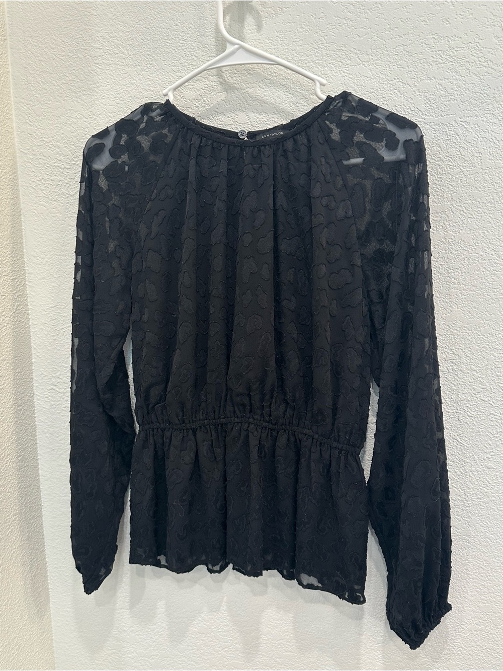 Ann Taylor Black Long-Sleeve Textured Peplum Blouse